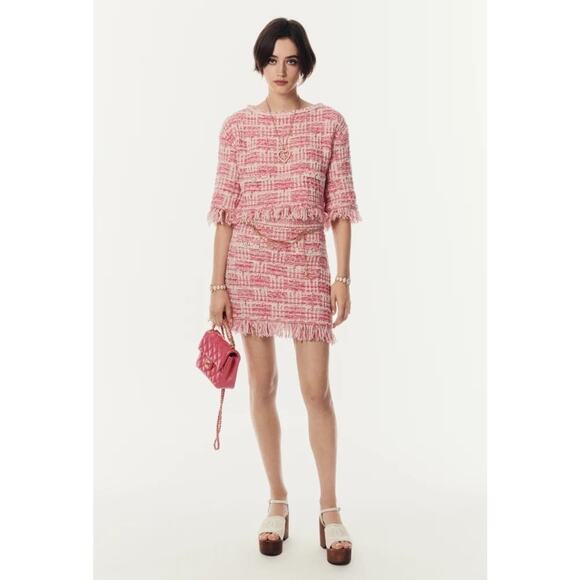 Chanel 24P Pink White Knit Frayed Tweed CC Logo Short Sleeve Pullover Top 38 - Picture 5 of 16